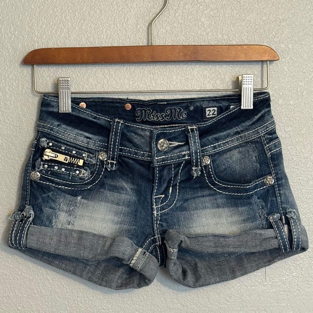 Miss Me Women's Blue Denim Shorts Rhinestone and Zipper Detailing Y2K